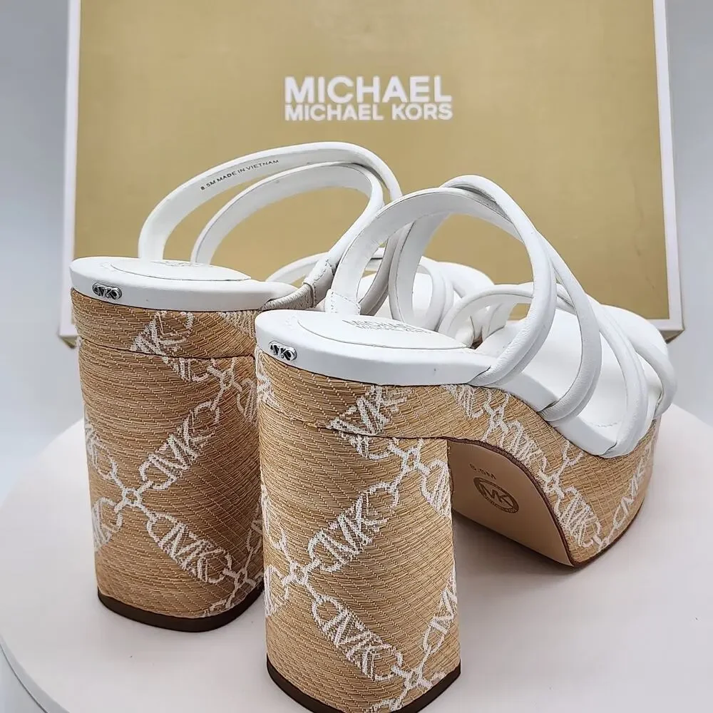 NEW Michael Kors Corrine Platform Leather Chain Sandals White Women's Size 8.5M